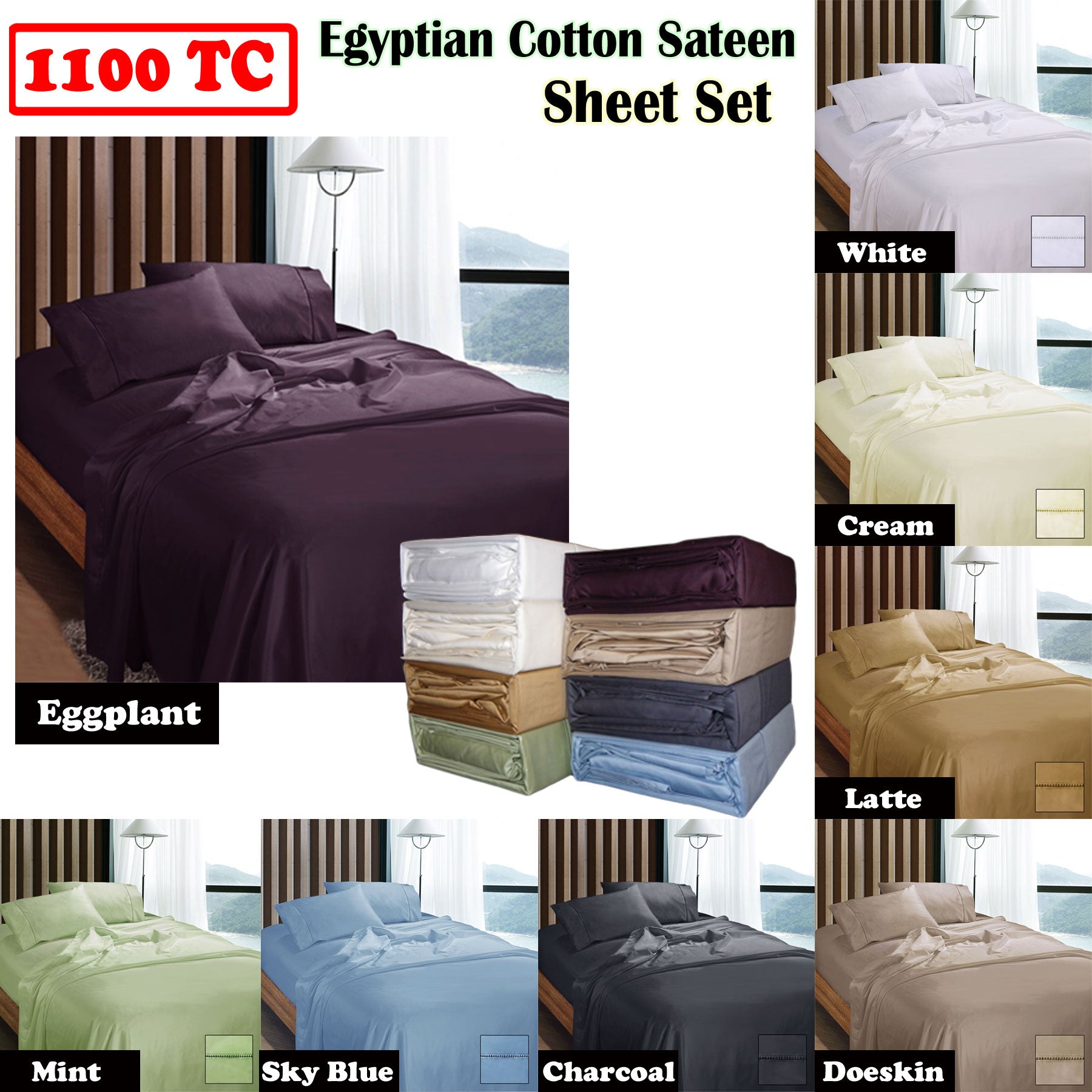 Ramesses 1100TC Egyptian Cotton Sateen Sheet Set Eggplant Queen - NuSea