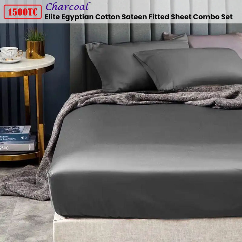 Ramesses 1500TC Elite Egyptian Cotton Sateen Fitted Sheet Combo Set Charcoal Double - NuSea