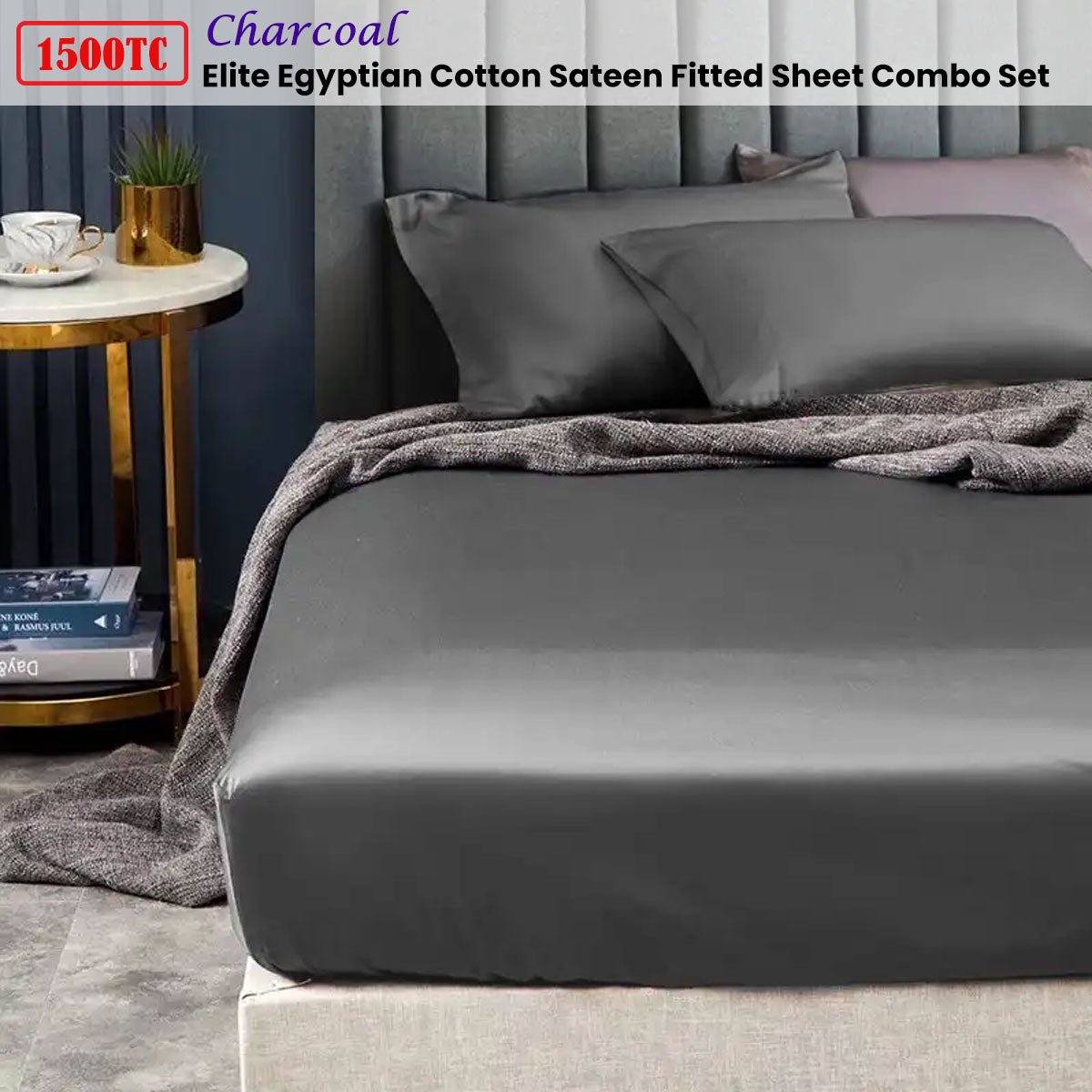 Ramesses 1500TC Elite Egyptian Cotton Sateen Fitted Sheet Combo Set Charcoal Queen - NuSea