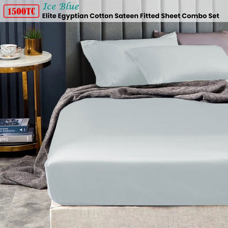 Ramesses 1500TC Elite Egyptian Cotton Sateen Fitted Sheet Combo Set Ice Blue King Single - NuSea