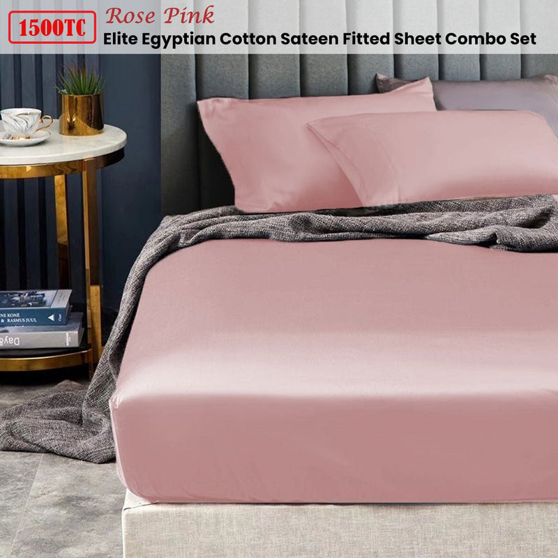 Ramesses 1500TC Elite Egyptian Cotton Sateen Fitted Sheet Combo Set Rose Pink Mega King - NuSea