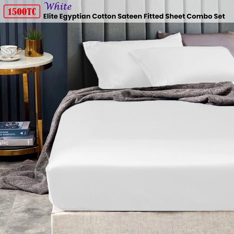 Ramesses 1500TC Elite Egyptian Cotton Sateen Fitted Sheet Combo Set White Queen - NuSea