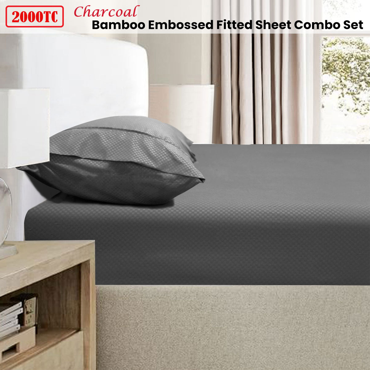 Ramesses 2000TC Bamboo Embossed Fitted Sheet Combo Set Charcoal Double - NuSea