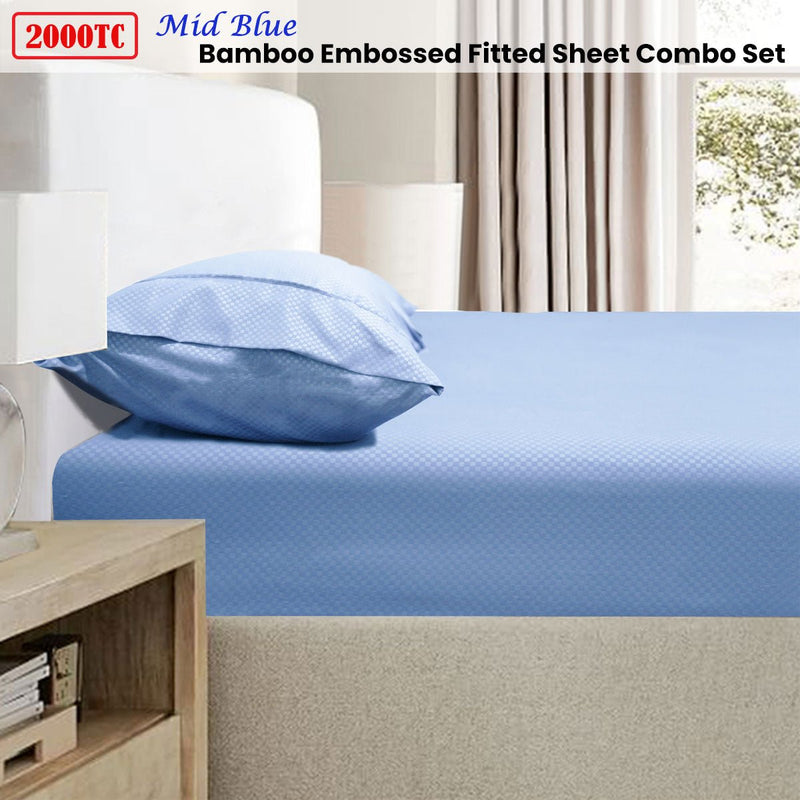 Ramesses 2000TC Bamboo Embossed Fitted Sheet Combo Set Mid Blue Double - NuSea