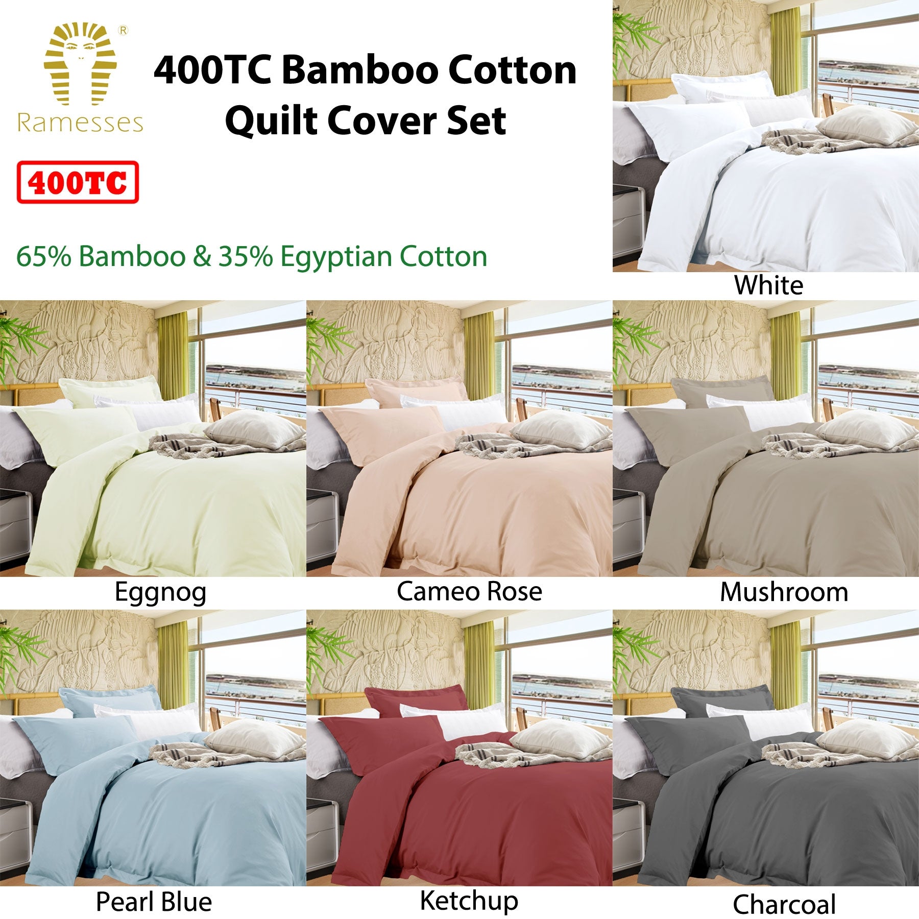 Ramesses Bamboo Cotton Quilt Cover Set Charcoal Queen - NuSea