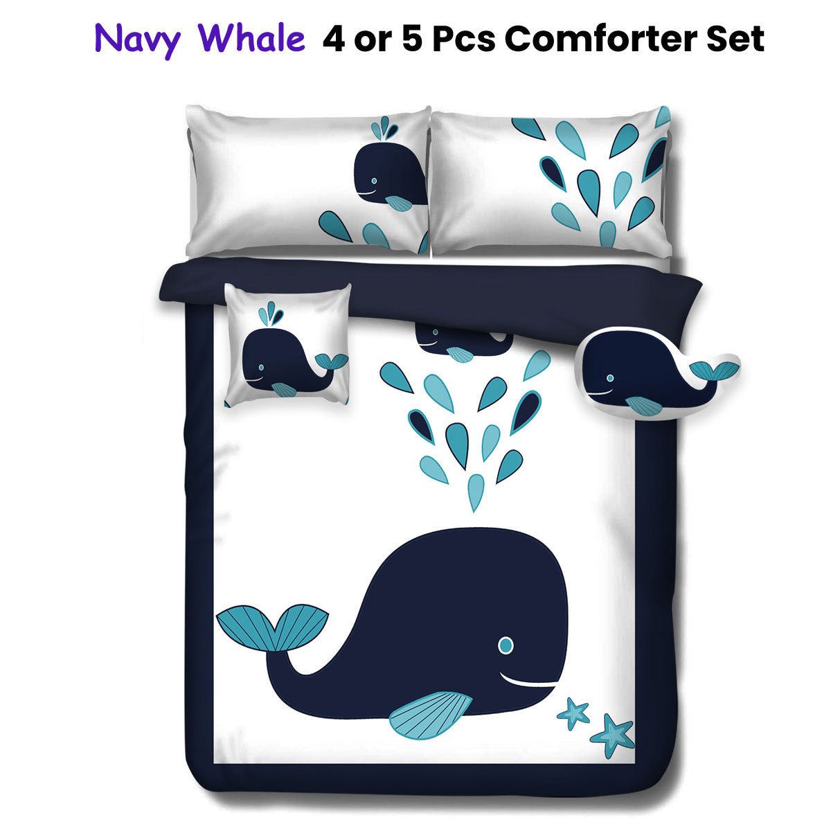 Ramesses Navy Whale Kids Advventure 5 Pcs Comforter Set Double - NuSea