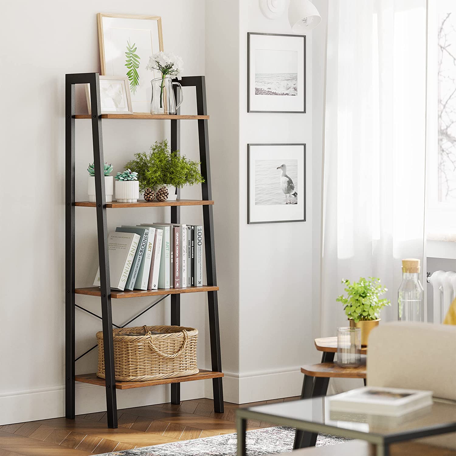 Rustic brown and black steel Metal Frame 4 Tier bookshelf - NuSea