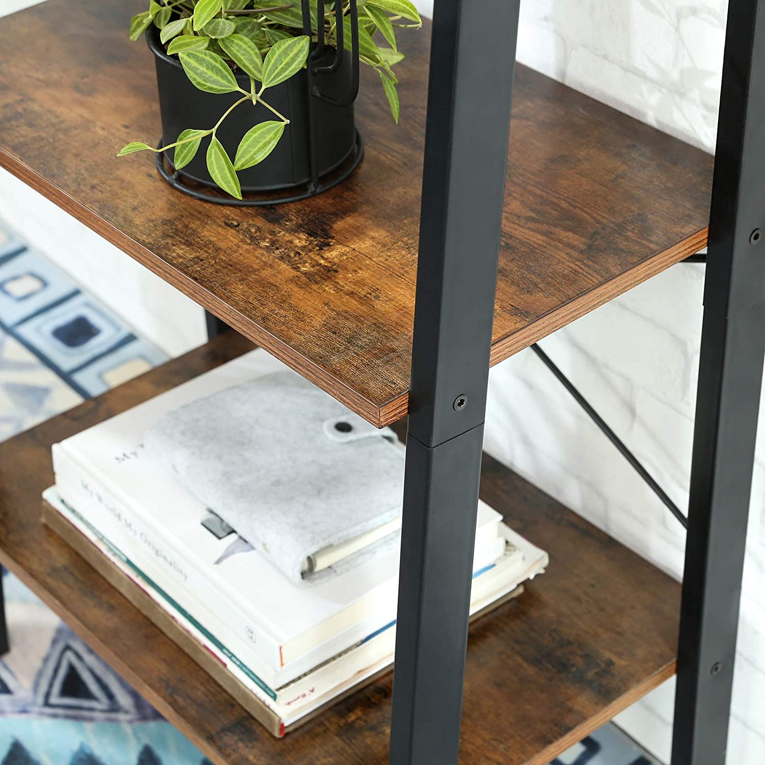 Rustic brown and black steel Metal Frame 4 Tier bookshelf - NuSea