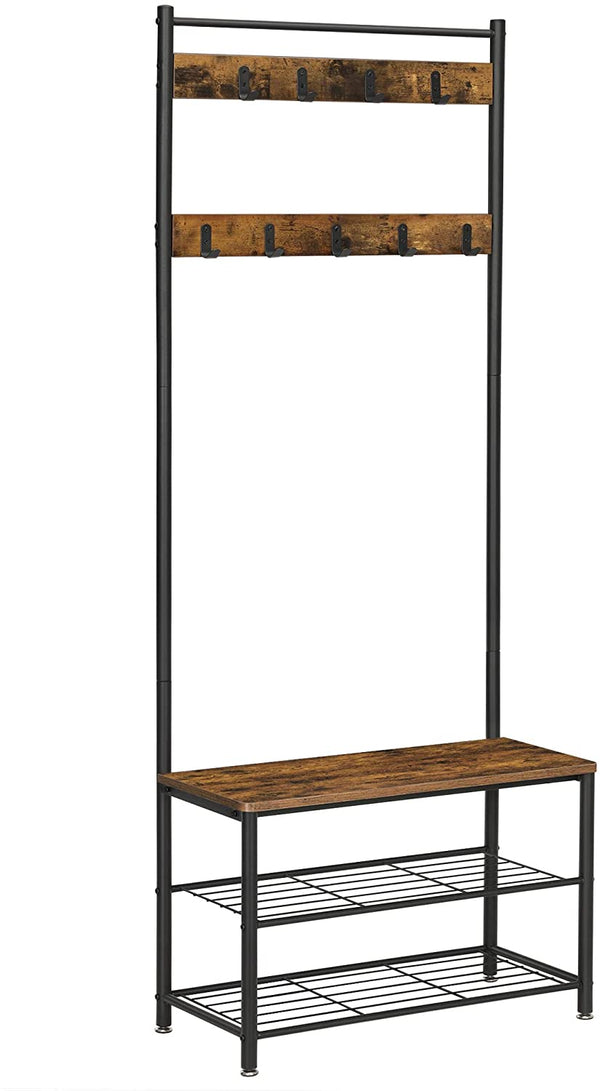 Rustic Brown Coat Rack Stand with Hallway Shoe Rack and Bench with Shelves Matte Metal Frame Height 175 cm - NuSea