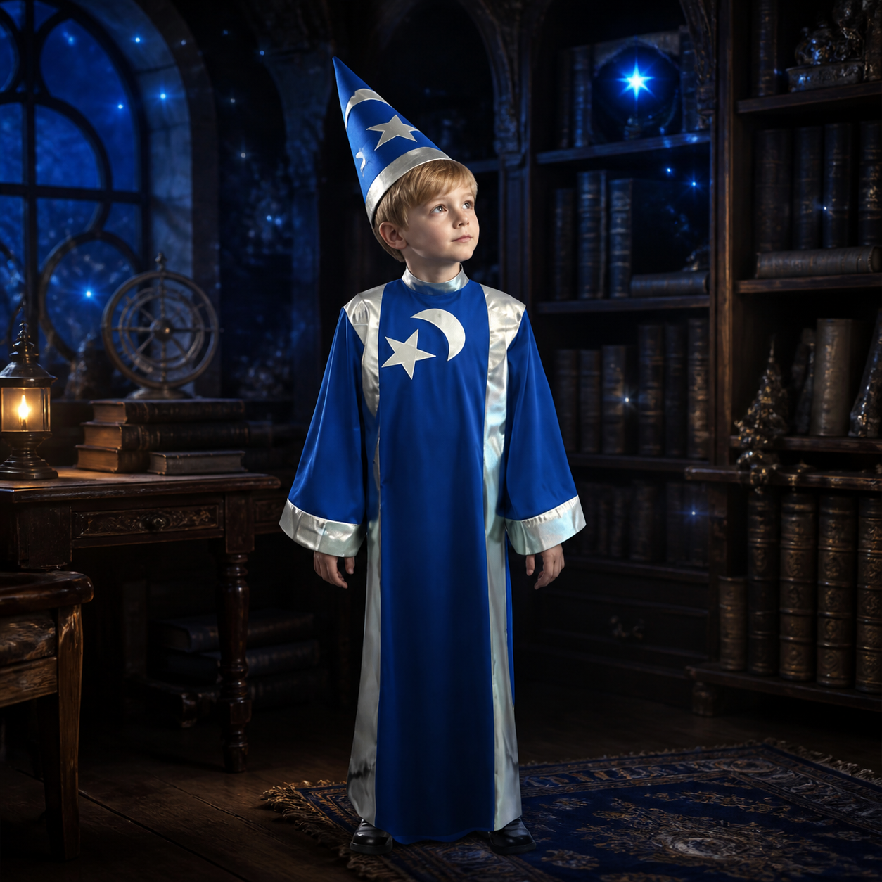 Kids’ Blue Wizard Costume – Tunic & Pointed Hat lifestyle image