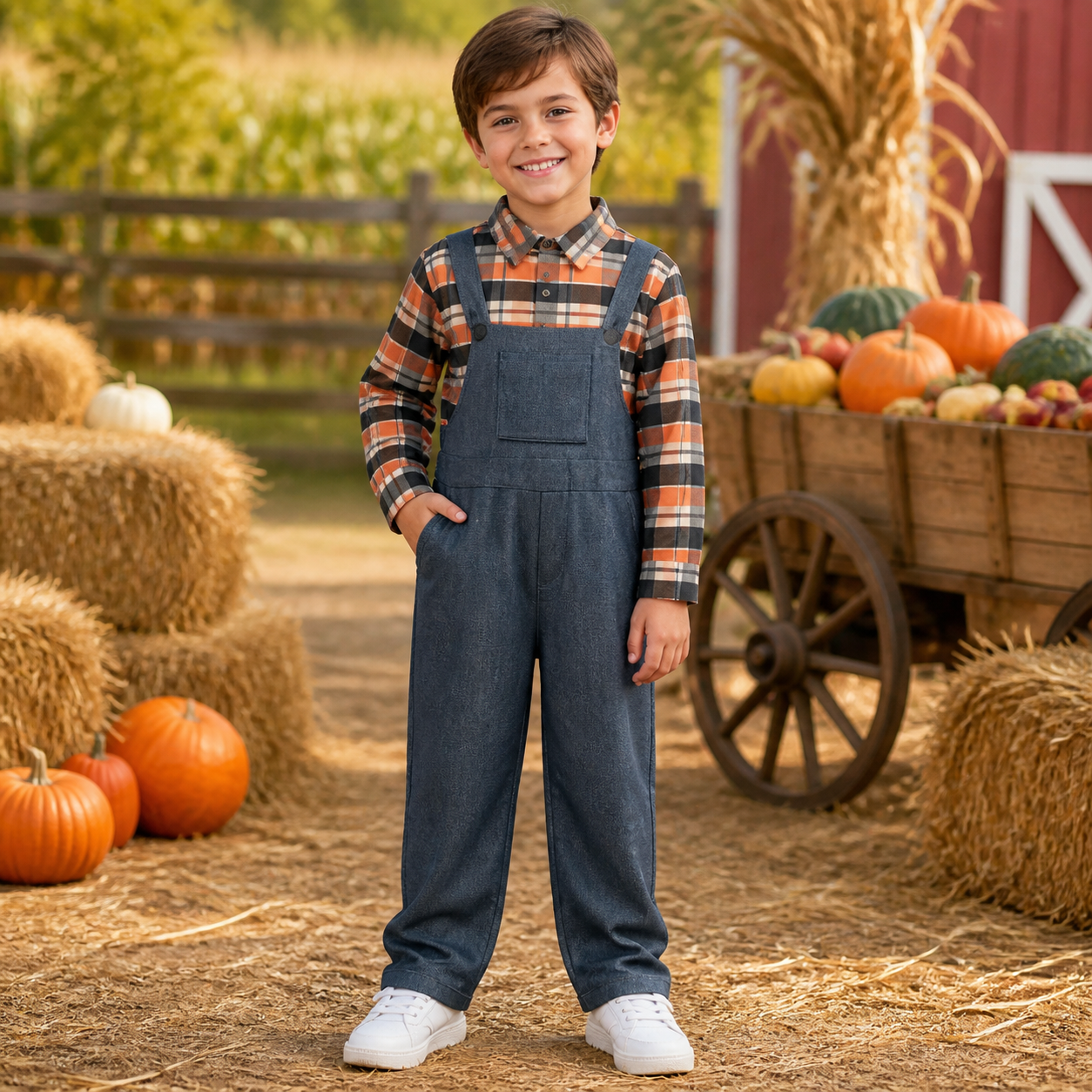 Kids’ Farmer Costume – Plaid Overall Jumpsuit lifestyle image