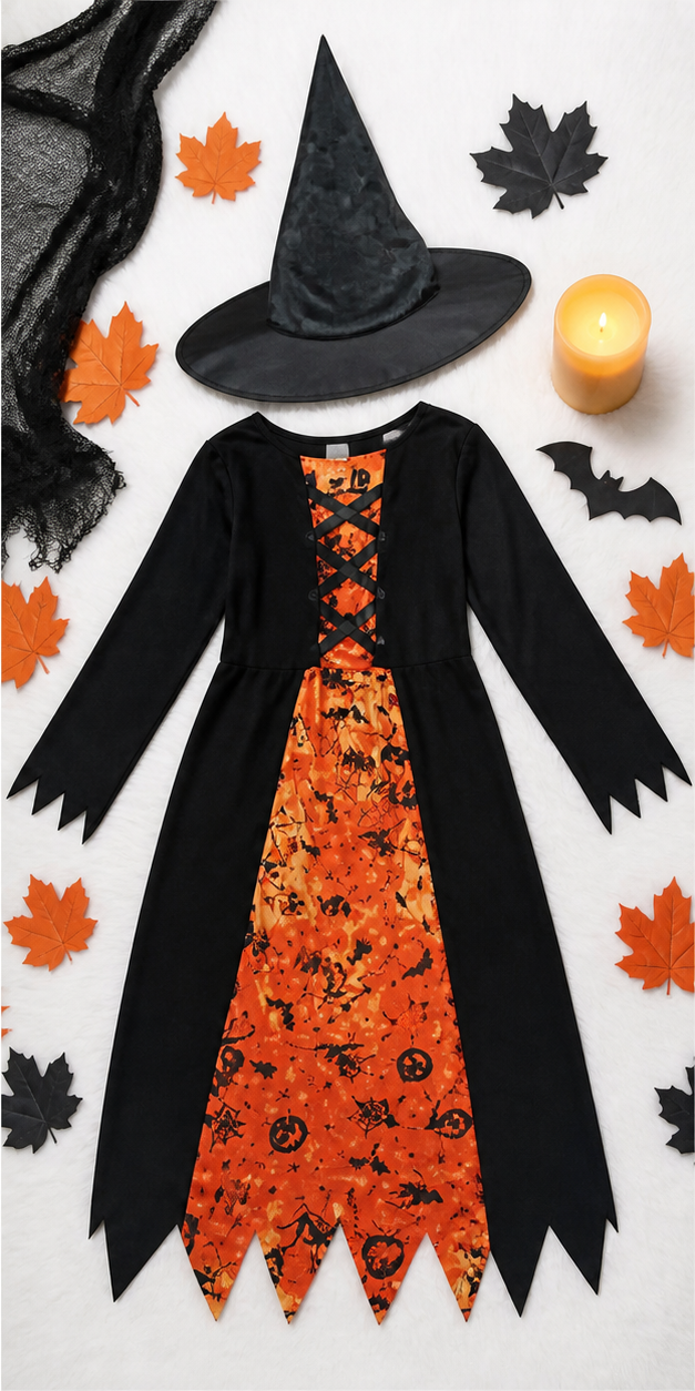 Kids’ Orange & Black Witch Costume – Dress & Hat lifestyle image
