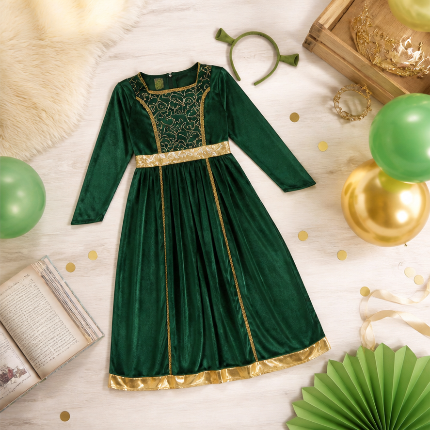 Kids’ Green Ogre Princess Costume – Dress & Ear Headband lifestyle image