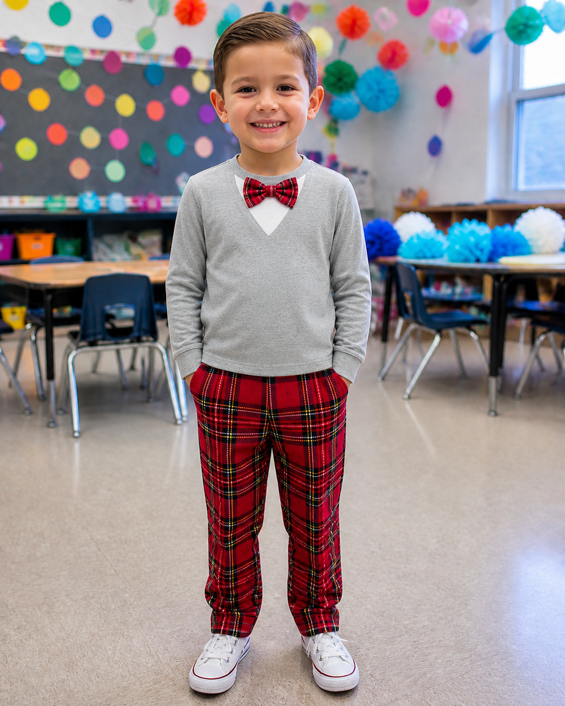 Kids’ Red Plaid Grandpa Costume – Top, Bow Tie & Pants lifestyle image