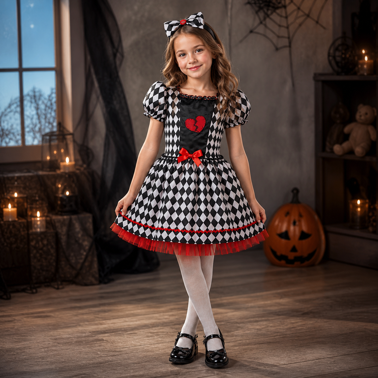 Kids’ Voodoo Doll Costume – Harlequin Dress & Headband lifestyle image