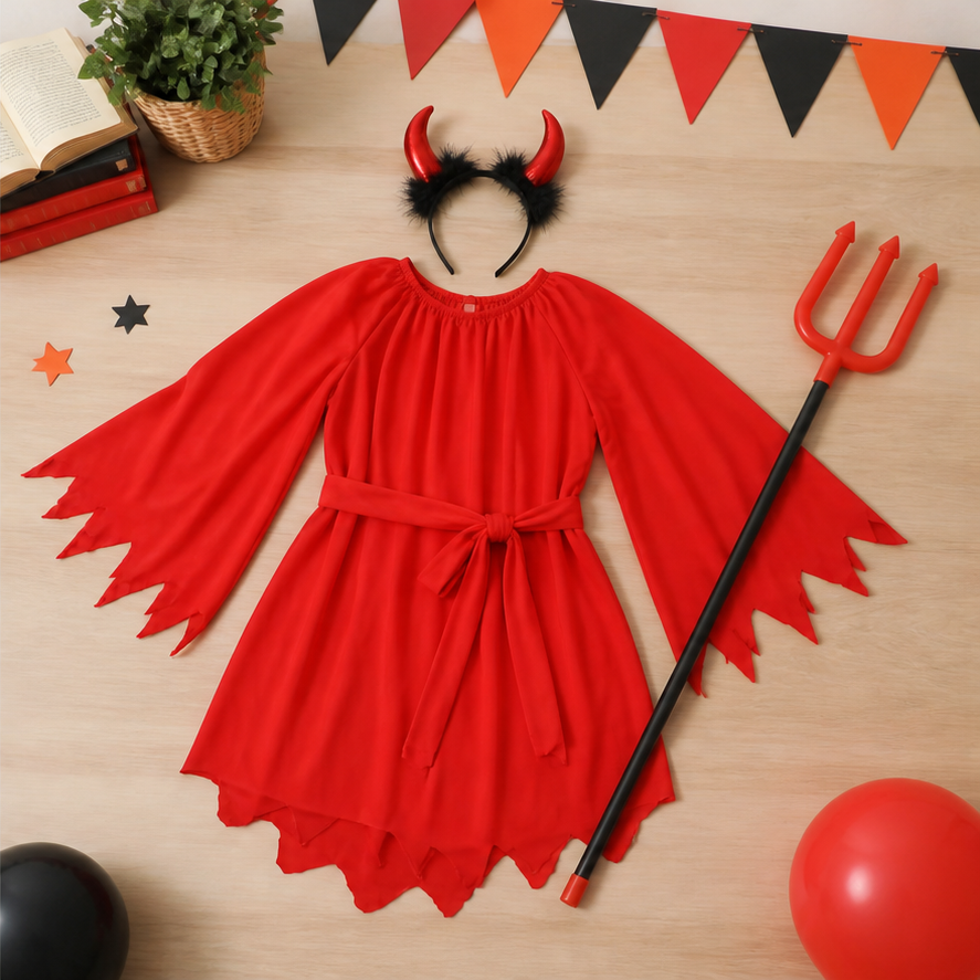 Kids’ Red Devil Girl Costume – Dress & Horns lifestyle image
