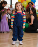 Kids’ Creepy Doll Jumpsuit Costume – Rainbow Stripe lifestyle image