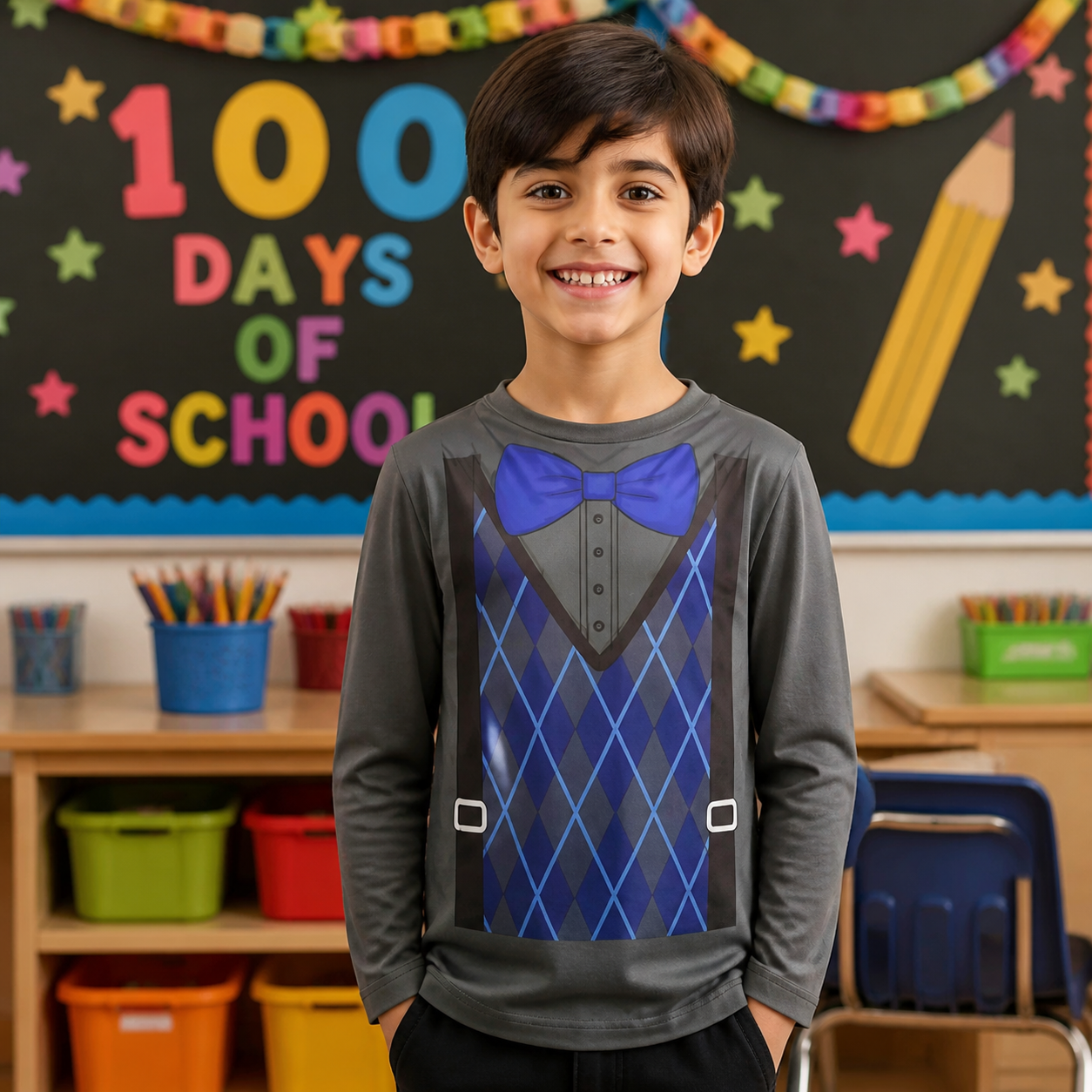 Kids’ Grandpa Costume Shirt – Grey Printed Cardigan Look lifestyle image