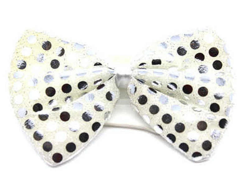 SEQUIN BOW TIE Polka Dots Bowtie Party Unisex Costume 13cm x 9cm Clown - White/Silver - NuSea