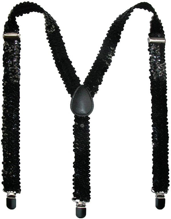 SEQUIN SUSPENDERS Unisex Adjustable Braces Clip On Elastic Y - Back - Black - NuSea