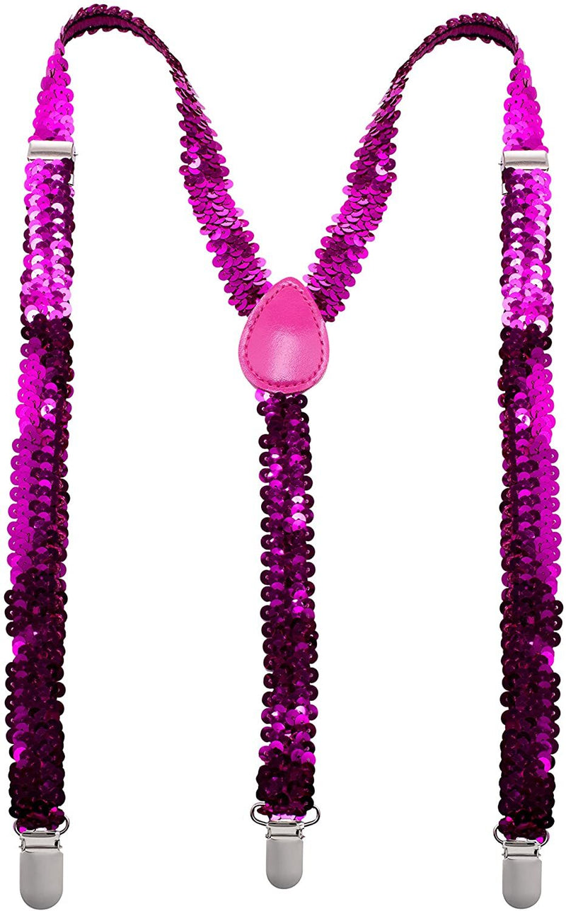 SEQUIN SUSPENDERS Unisex Adjustable Braces Clip On Elastic Y - Back - Hot Pink - NuSea