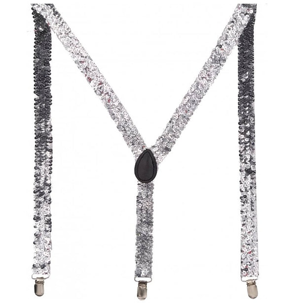 SEQUIN SUSPENDERS Unisex Adjustable Braces Clip On Elastic Y - Back - Silver - NuSea