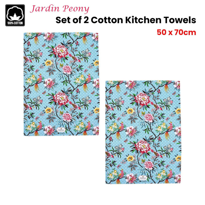 Set of 2 Jardin Peony Cotton Kitchen Tea Towels 50 x 70 cm - NuSea
