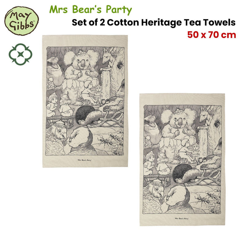 Set of 2 May Gibbs Mrs Bear's Party Cotton Heritage Tea Towels 50 x 70 cm - NuSea