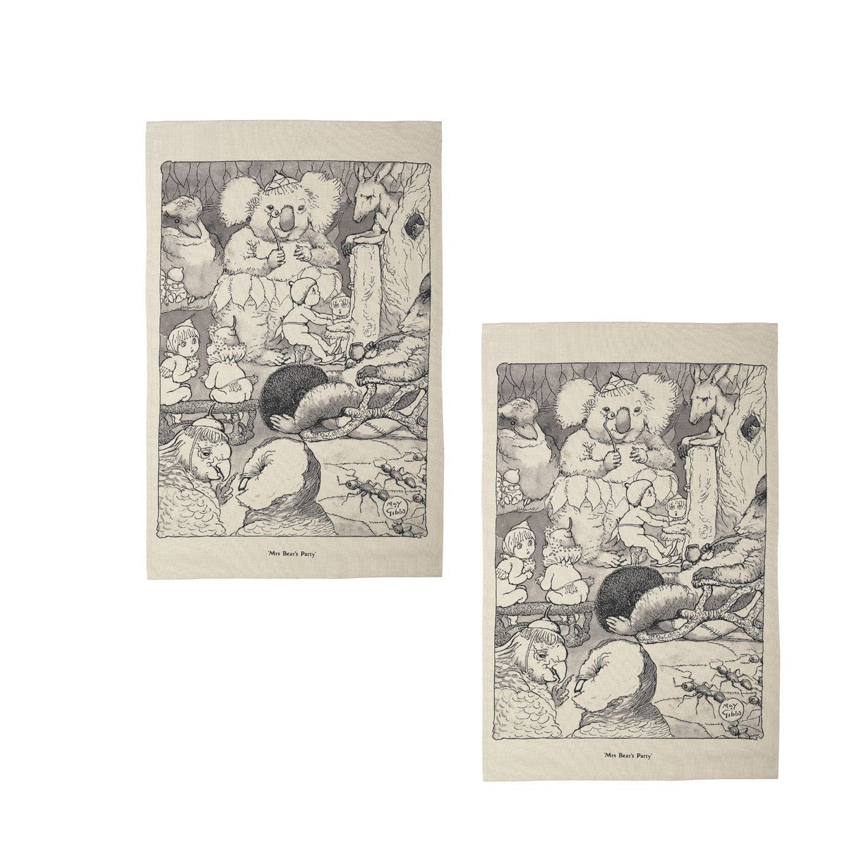 Set of 2 May Gibbs Mrs Bear's Party Cotton Heritage Tea Towels 50 x 70 cm - NuSea