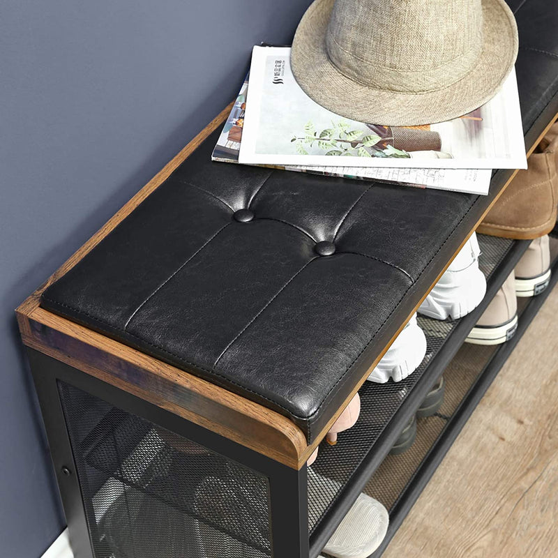 Shoe Bench with Mesh Shelf and Faux Leather Vintage Brown Black 80 x 30 x 48 cm - NuSea