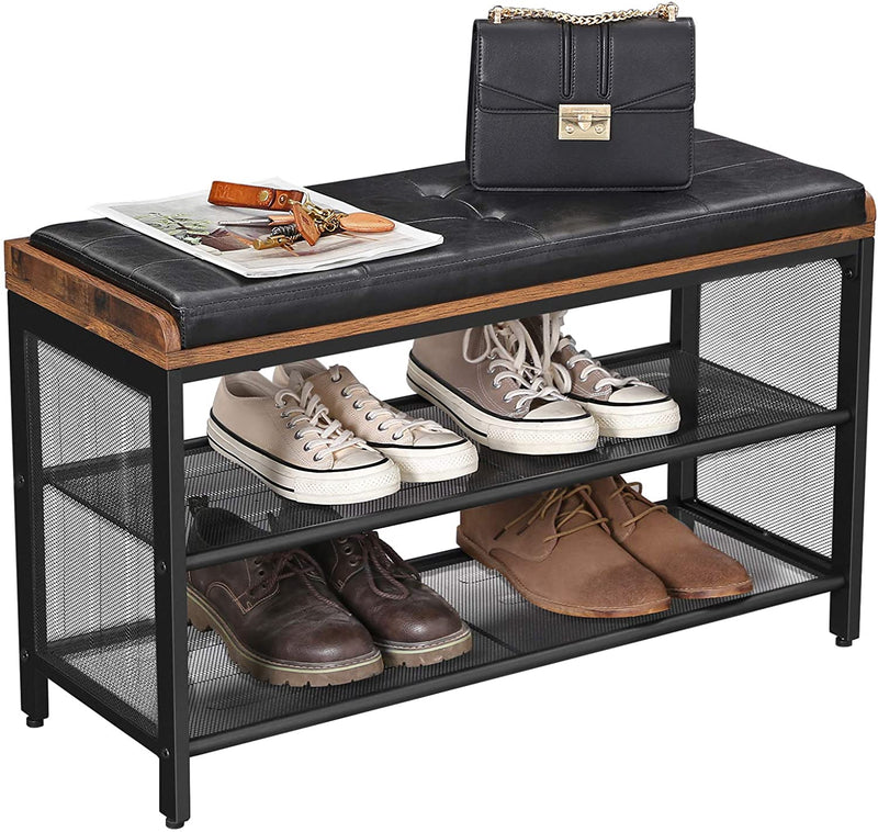 Shoe Bench with Mesh Shelf and Faux Leather Vintage Brown Black 80 x 30 x 48 cm - NuSea