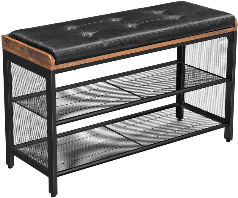 Shoe Bench with Mesh Shelf and Faux Leather Vintage Brown Black 80 x 30 x 48 cm - NuSea