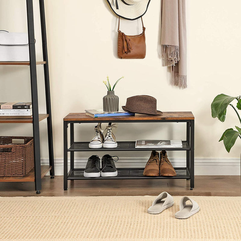 Shoe Rack with 2 Mesh Shelves, Rustic Brown and Black - NuSea