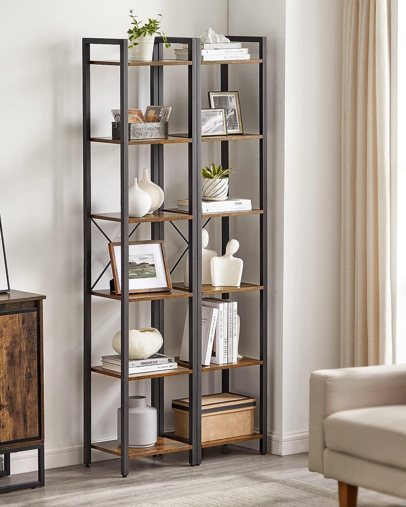 Small 6 - Tier Industrial Bookshelf, Rustic Brown, Black - NuSea