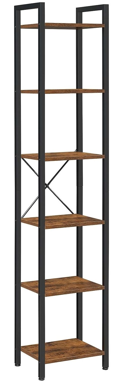 Small 6 - Tier Industrial Bookshelf, Rustic Brown, Black - NuSea