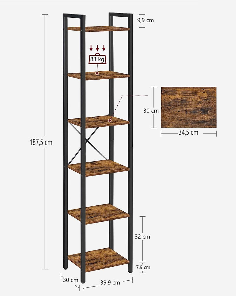 Small 6 - Tier Industrial Bookshelf, Rustic Brown, Black - NuSea