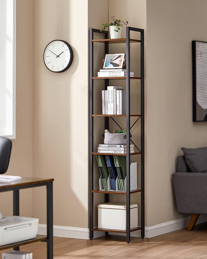 Small 6 - Tier Industrial Bookshelf, Rustic Brown, Black - NuSea