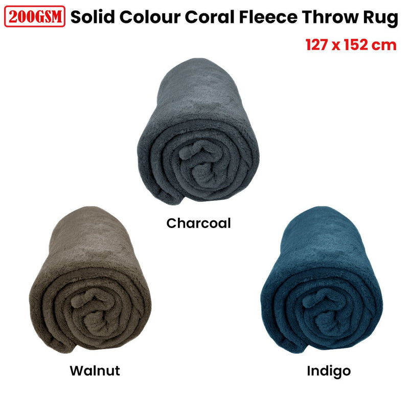 Solid Colour Soft Coral Fleece Throw Rug 127 x 152 cm Charcoal - NuSea