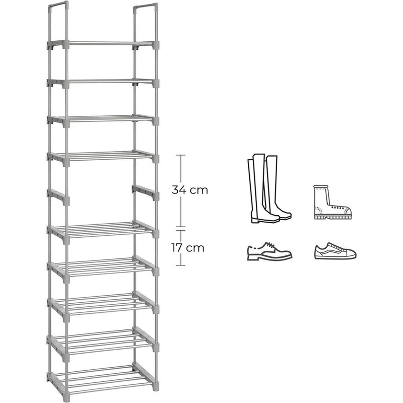 SONGMICS 10 - Tier Metal Shoe Rack Customizable Design Grey - NuSea