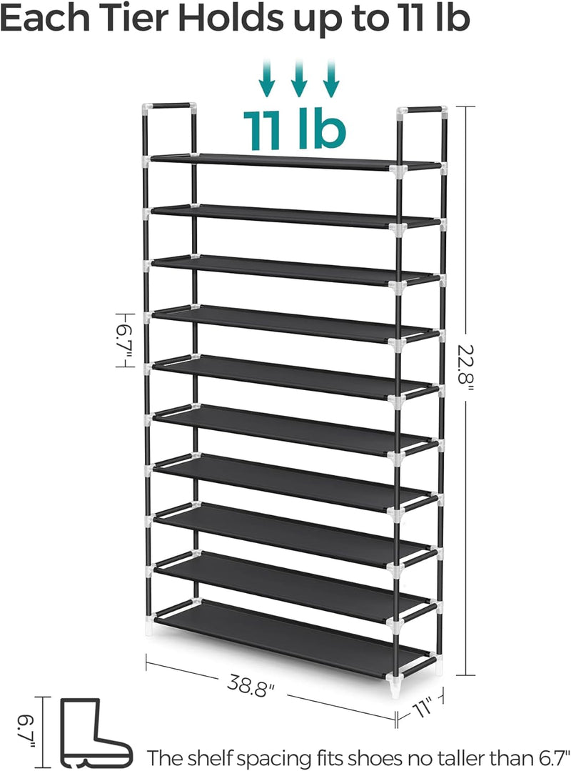 SONGMICS 10 Tier Metal Shoe Rack for 50 Pairs Non - Woven Fabric Shelves Black - NuSea