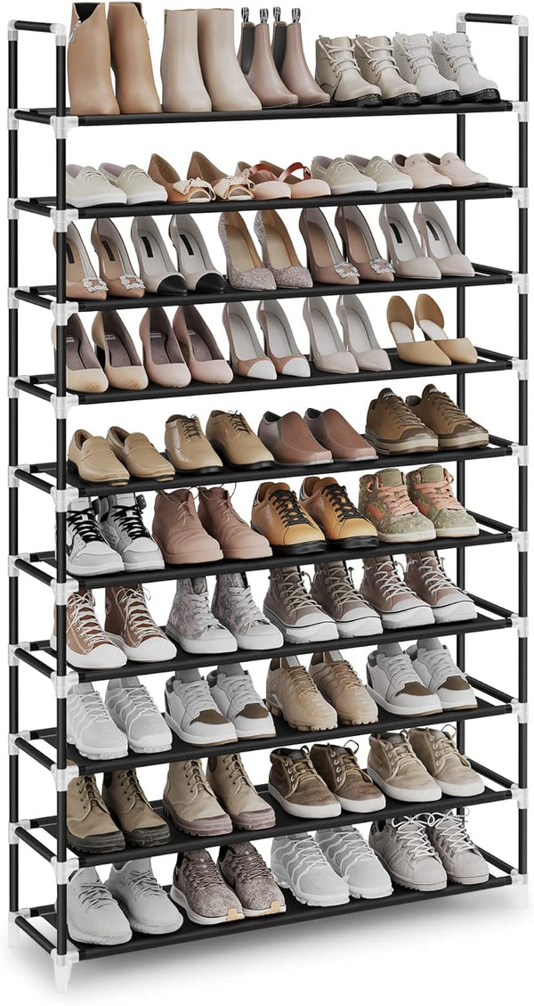 SONGMICS 10 Tier Metal Shoe Rack for 50 Pairs Non - Woven Fabric Shelves Black - NuSea