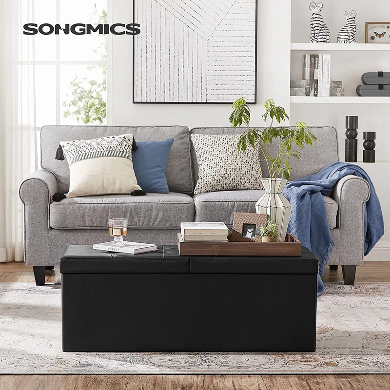 SONGMICS 110cm Folding Storage Ottoman Bench with Flipping Lid Footrest Black - NuSea