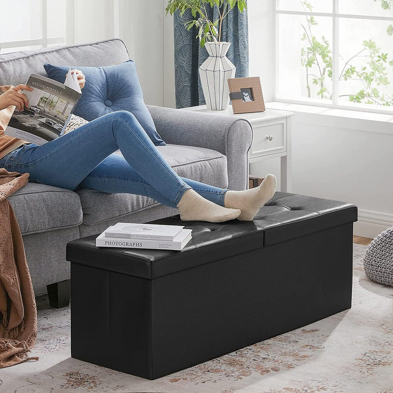 SONGMICS 110cm Folding Storage Ottoman Bench with Flipping Lid Footrest Black - NuSea