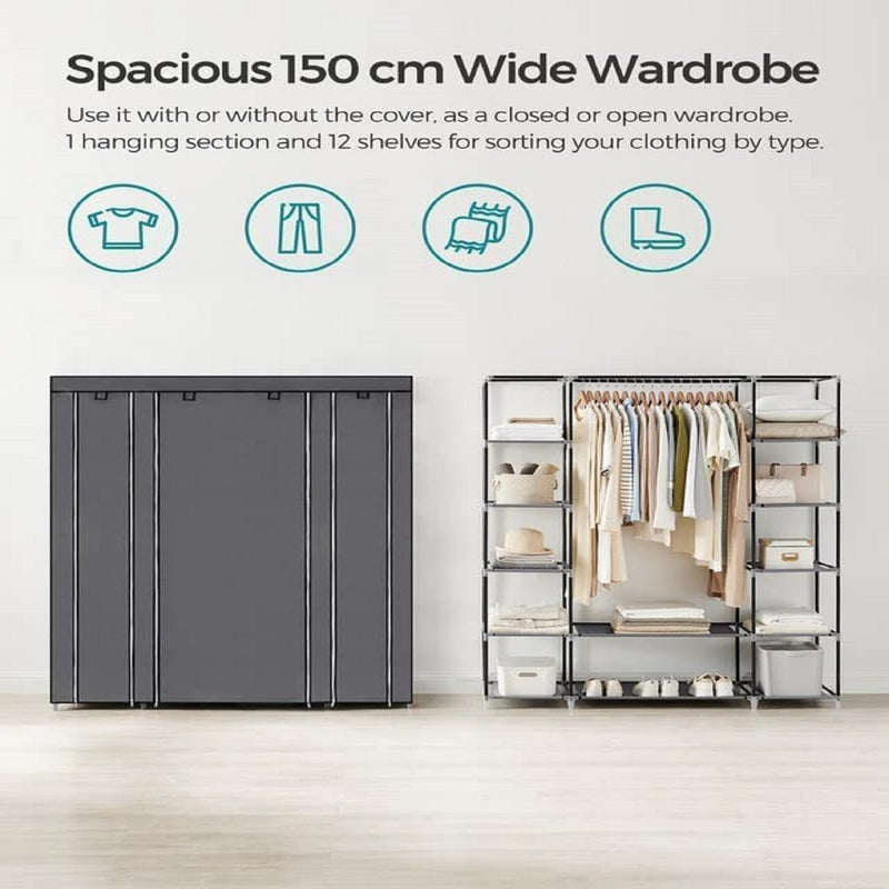 SONGMICS 150cm Portable Closet Organizer, Wardrobe with Shelves and Cover Gray - NuSea