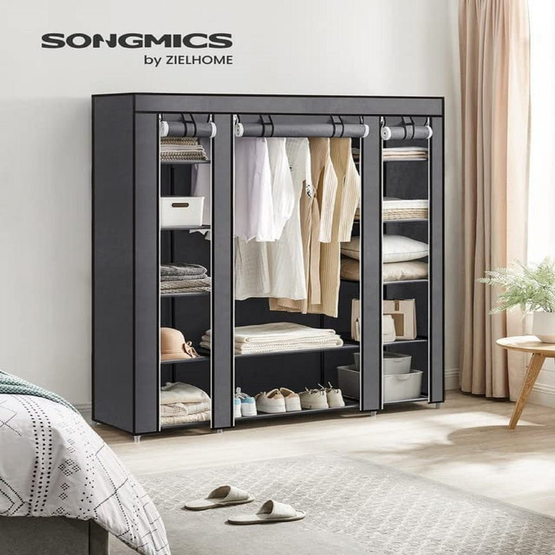 SONGMICS 150cm Portable Closet Organizer, Wardrobe with Shelves and Cover Gray - NuSea