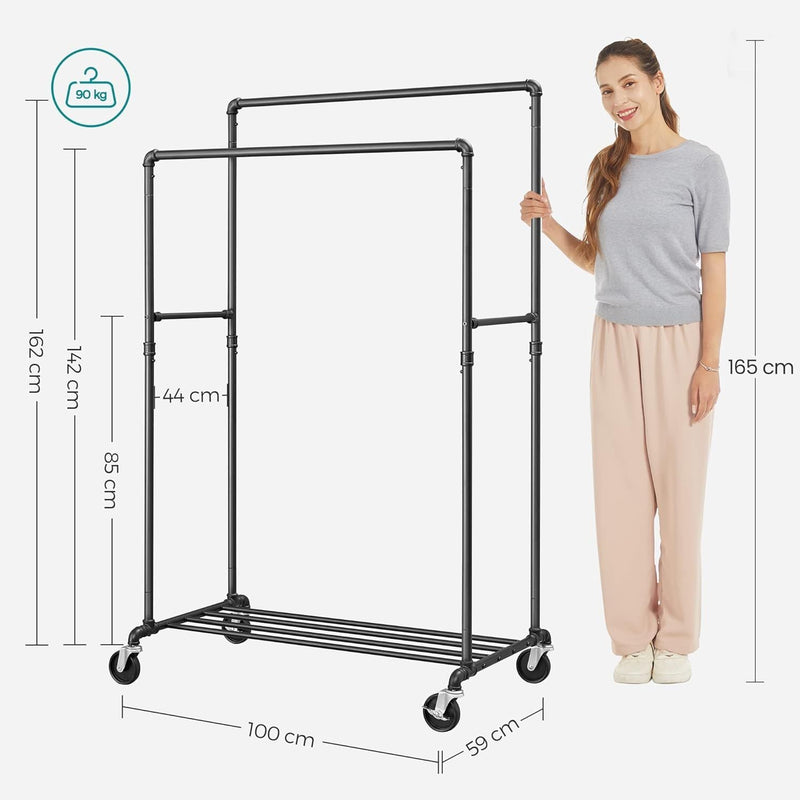 SONGMICS Industrial Pipe Clothes Rack on Wheels with Hanging Rack Organizer Black - NuSea