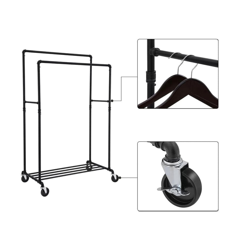 SONGMICS Industrial Pipe Clothes Rack on Wheels with Hanging Rack Organizer Black - NuSea