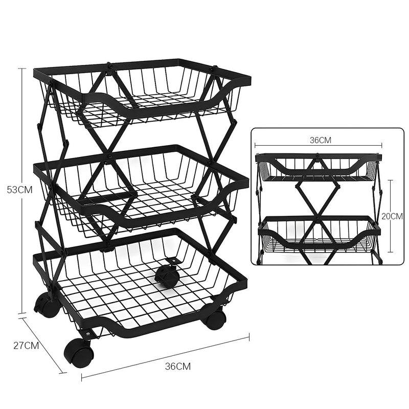 STORFEX 3 Tier Foldable Kitchen Pantry Storage Organizer Cart Baskets Rack - NuSea