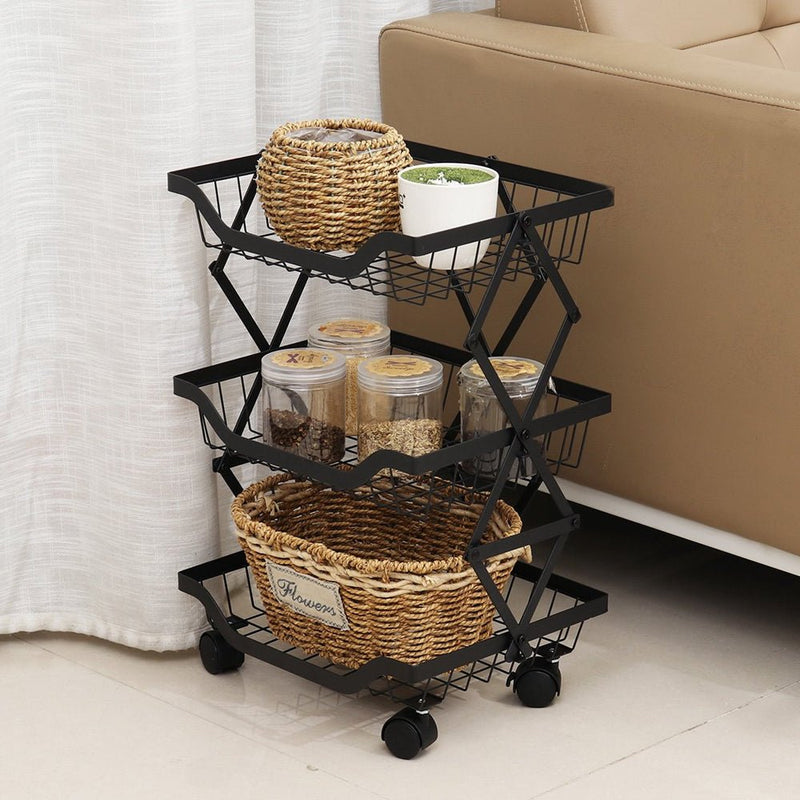 STORFEX 3 Tier Foldable Kitchen Pantry Storage Organizer Cart Baskets Rack - NuSea