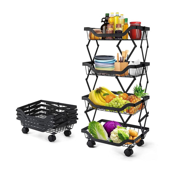 STORFEX 4 Tier Foldable Kitchen Pantry Storage Organizer Cart Baskets Rack - NuSea